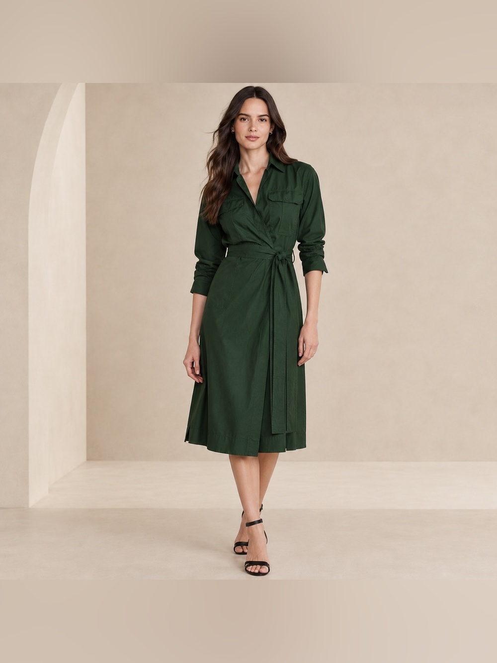 Banana Republic Dress Womens XL Green Utility Poplin Cotton Wrap Midi New